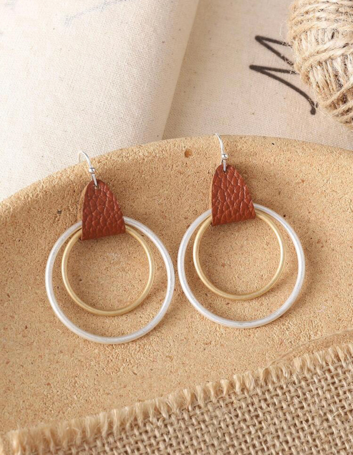 Leather Wrapped Silver and Gold Hoop Earrings