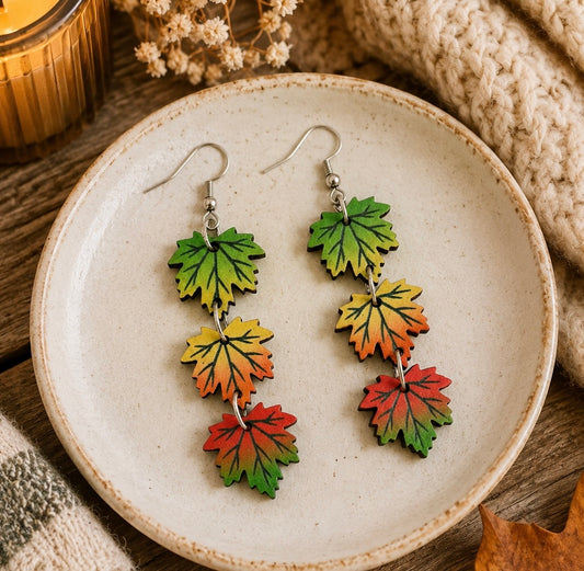 Beautiful Red, Yellow, and Green Wooden Maple Leaf Earrings