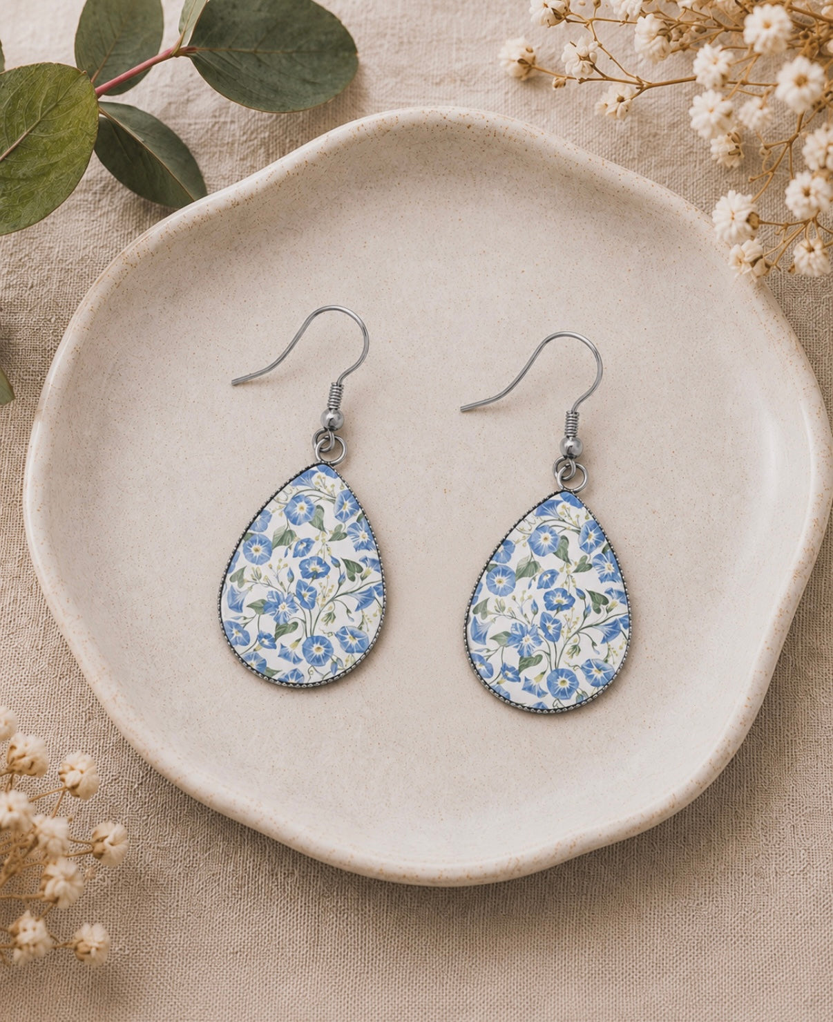 Beautiful Blue Floral Teardrop Earrings