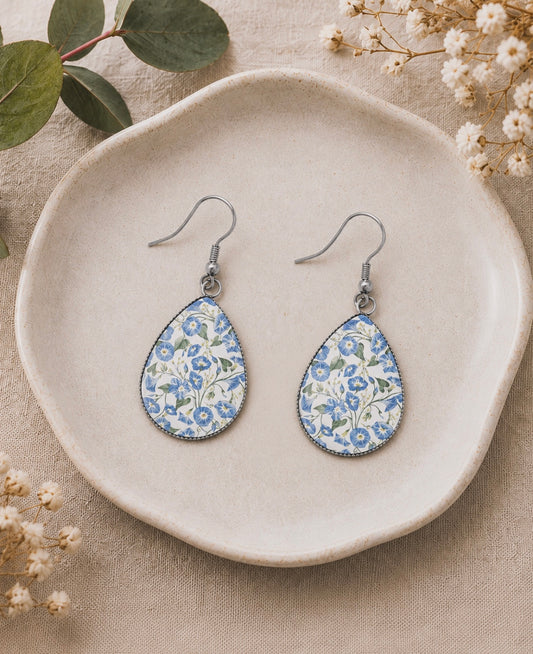 Beautiful Blue Floral Teardrop Earrings