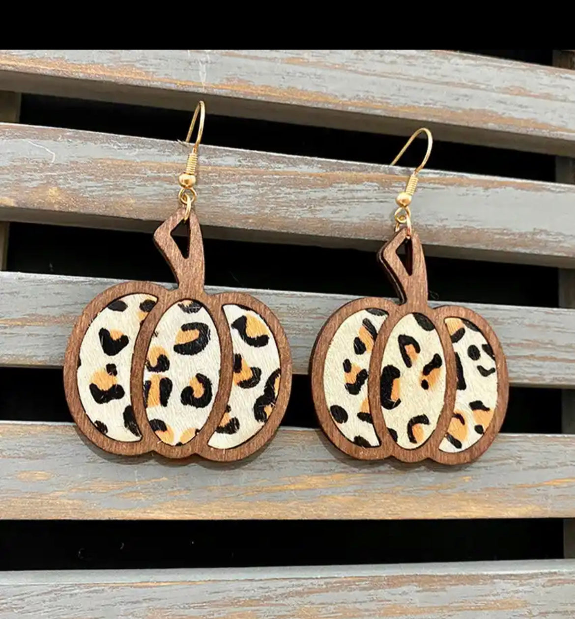 Wooden Leopard Print Pumpkin Earrings