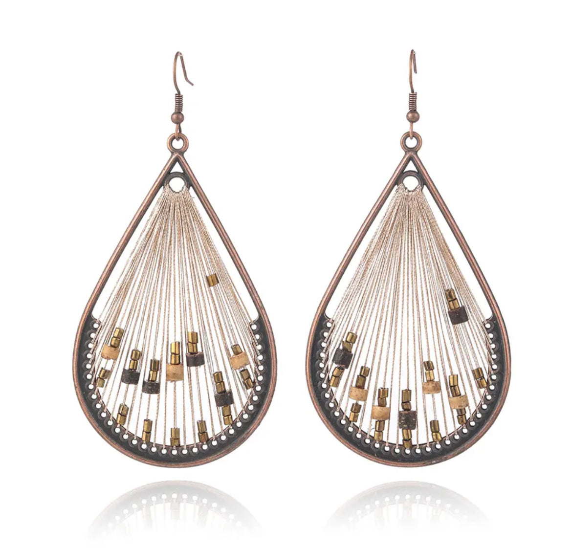 Beige Strings with Bead Accent Teardrop Earrings