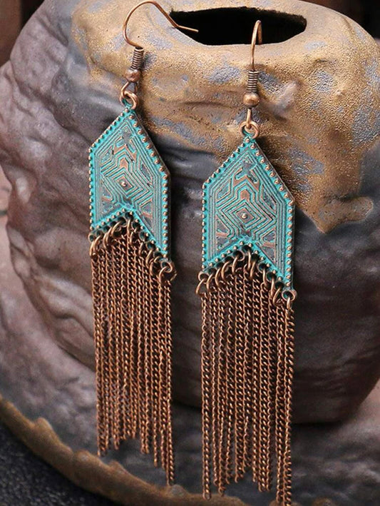 Turquoise and Bronze Metal Tassel Earrings