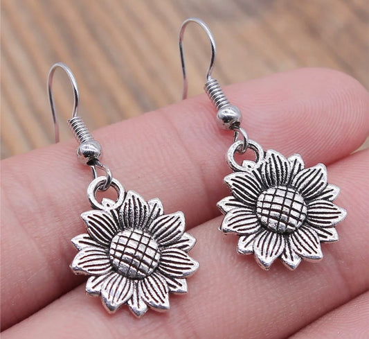 Small Silver Sunflower Dangle Earrings