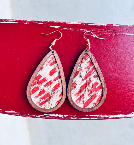 Beige and Red Wooden Drop Earrings