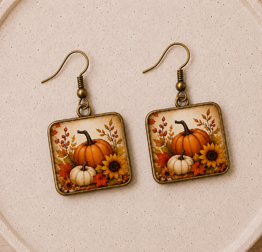 Vintage Autumn Pumpkin Square Earrings