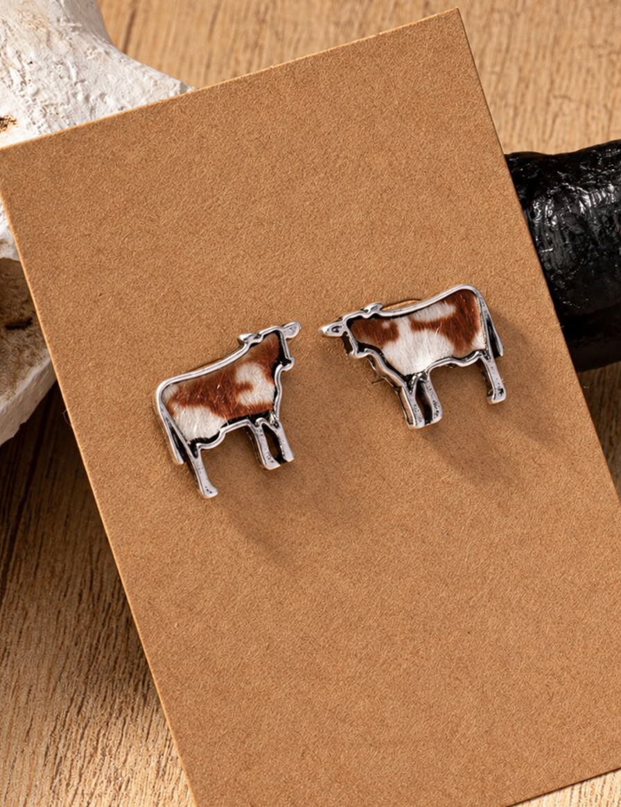 Brown and White Cow Stud Earrings
