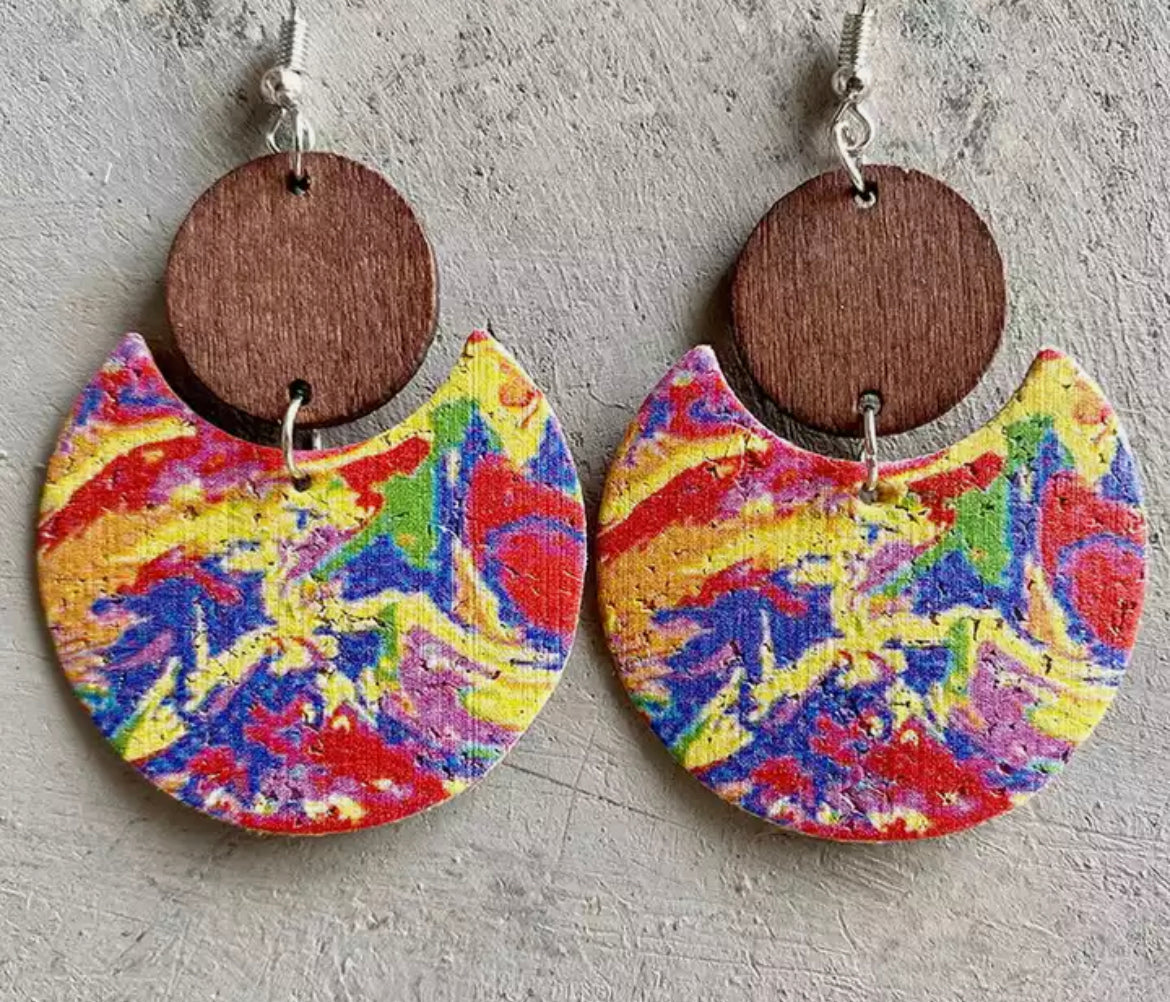 Cork Moon and Wood Disc Earrings