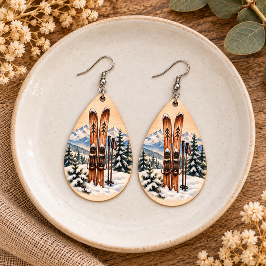 Vintage Skis & Snowy Mountains Teardrop Earrings
