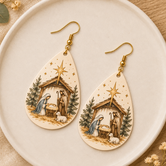 Wooden Nativity Scene Teardrop Earrings