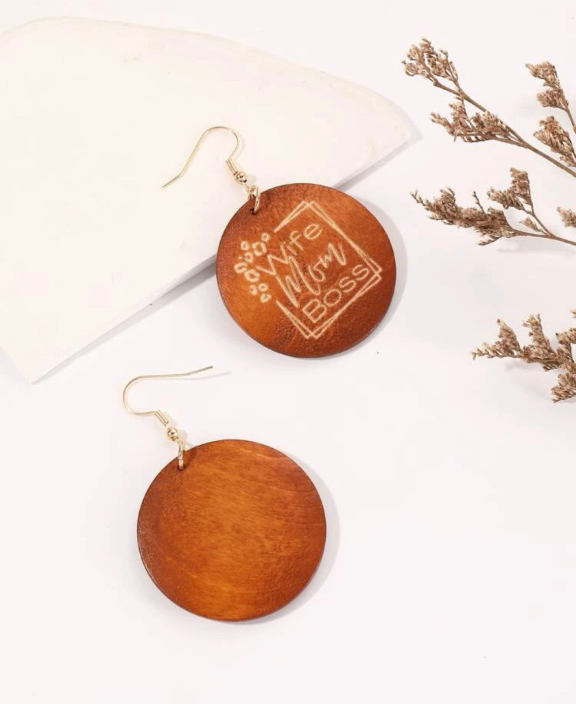 Round Wooden "Wife, Mom, Boss" Earrings