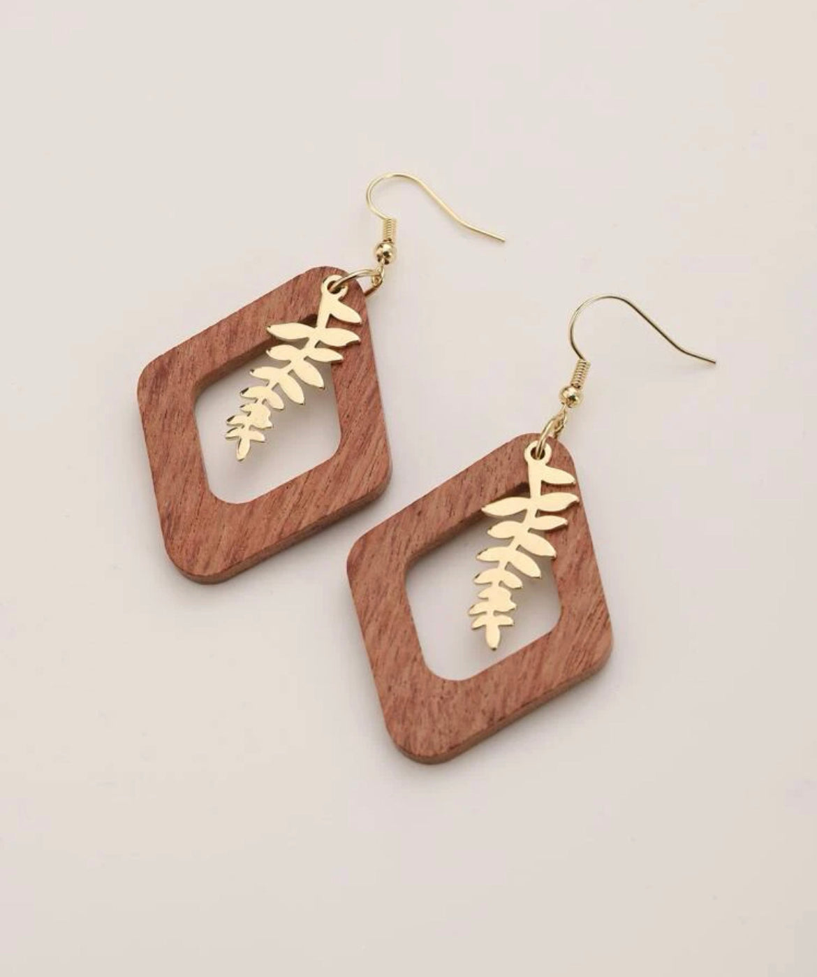 Beautiful Leaf and Wooden Geometric Drop Earrings