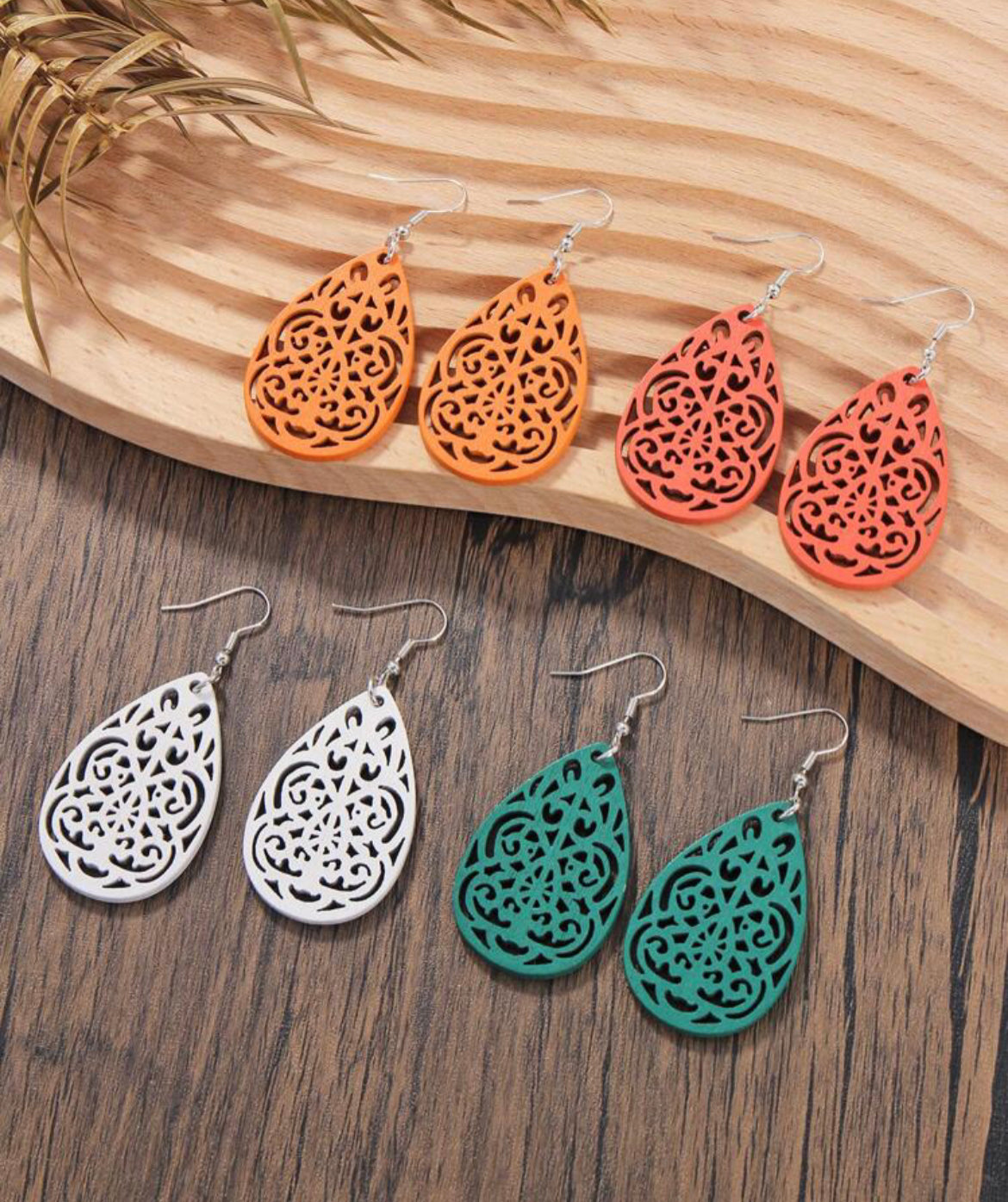 Set of 4 Hollowed Out Wooden Drop Earrings