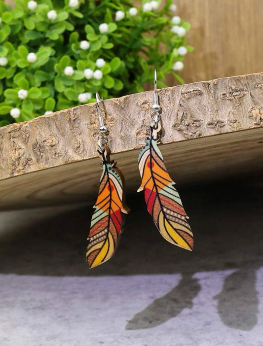 Wooden Painted Feather Earrings