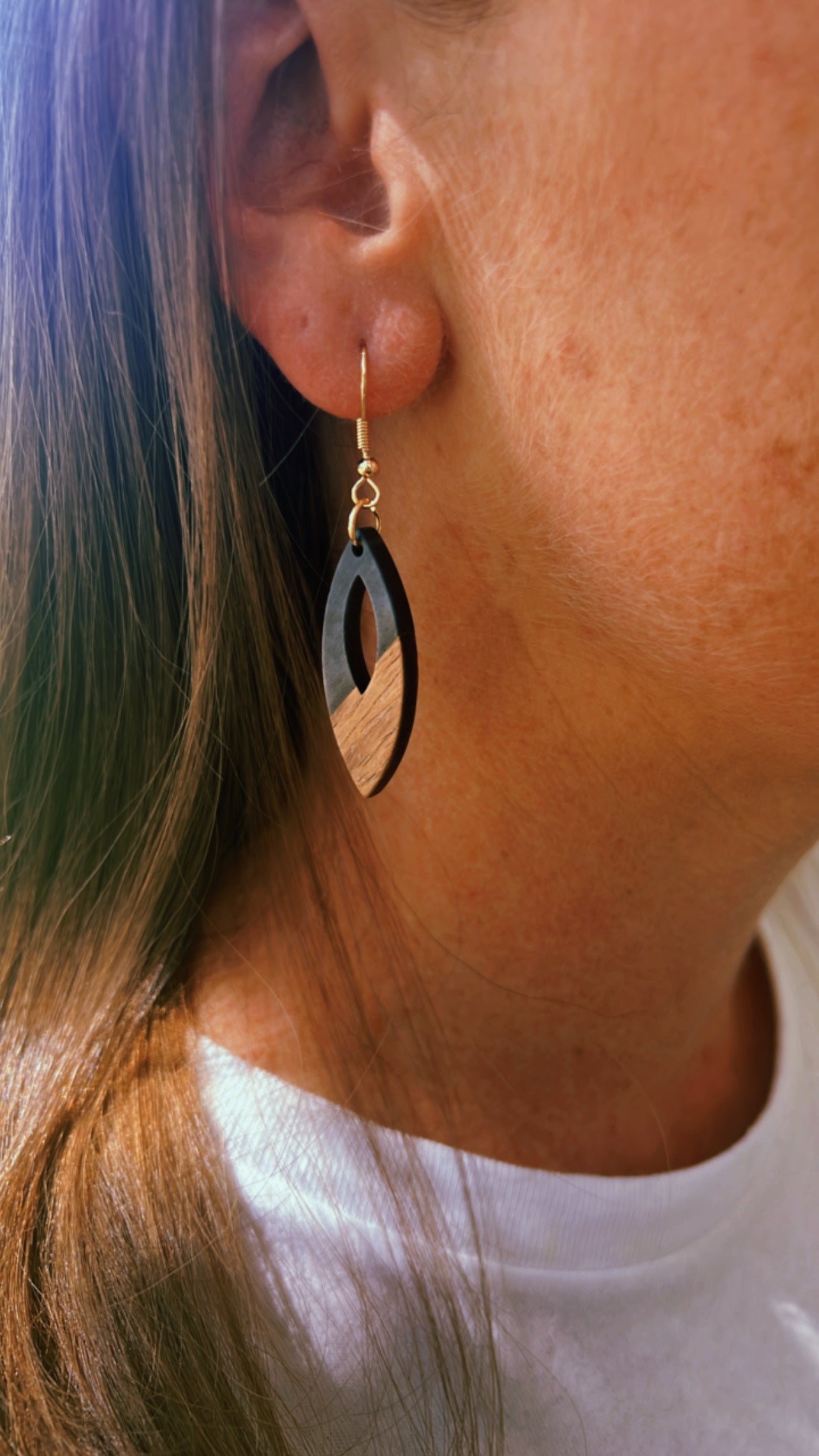 Oval Wood and Charcoal Drop Earrings