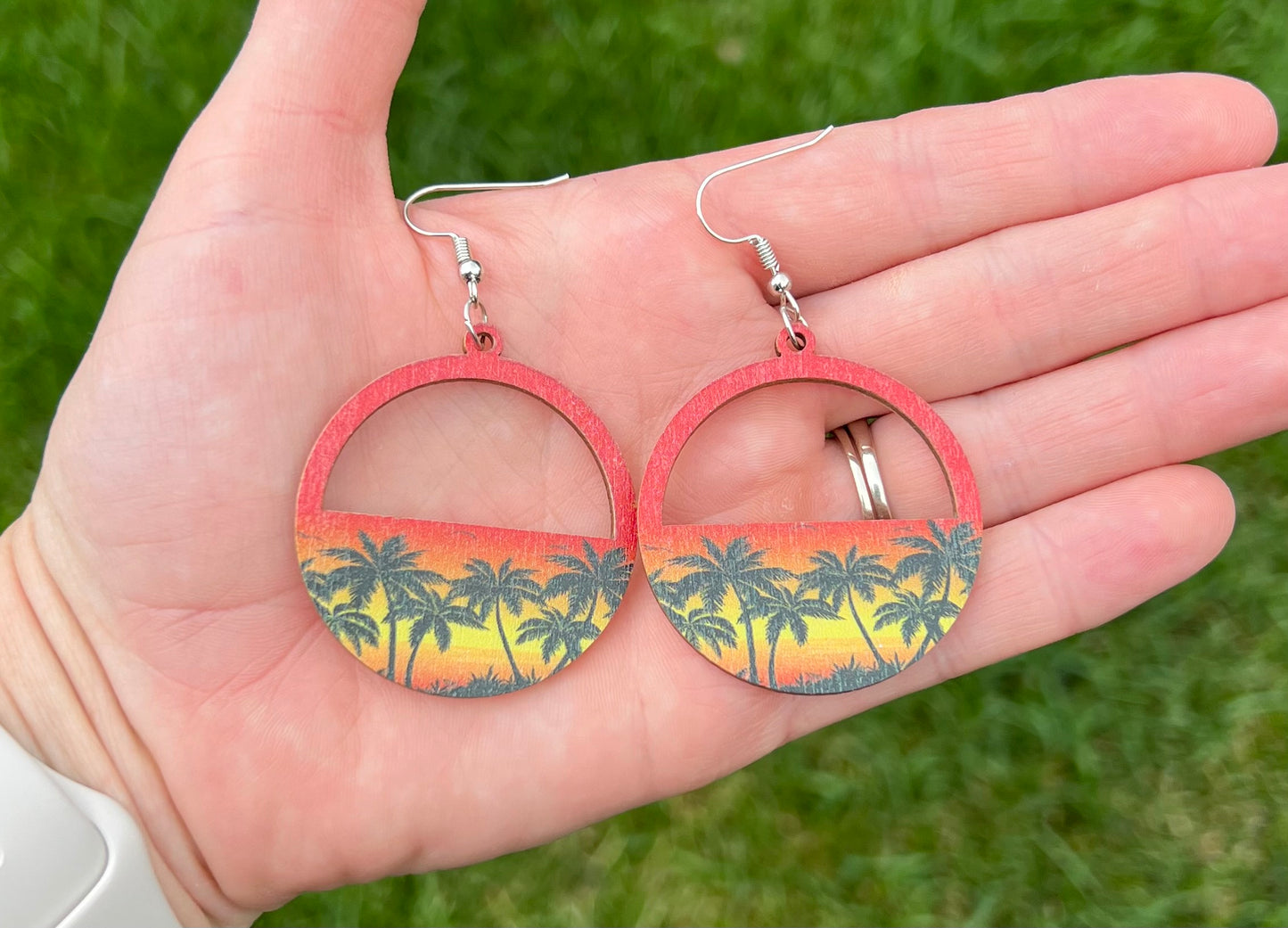 Wooden Palm Tree Sunset Earrings