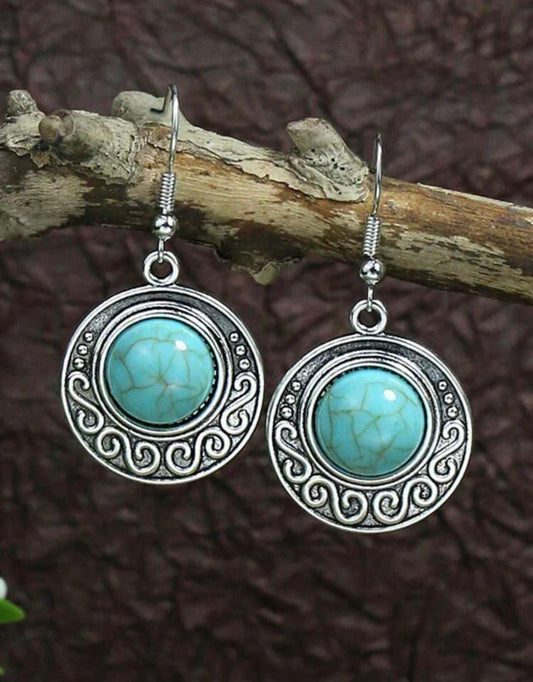 Round Silver with Turquoise Stone Drop Earrings