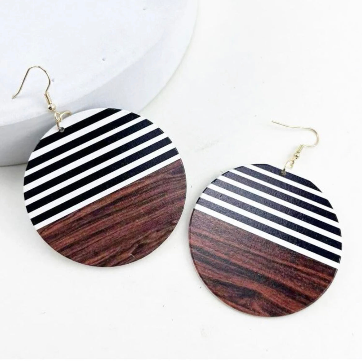 Round Black and White Striped Wood Earrings