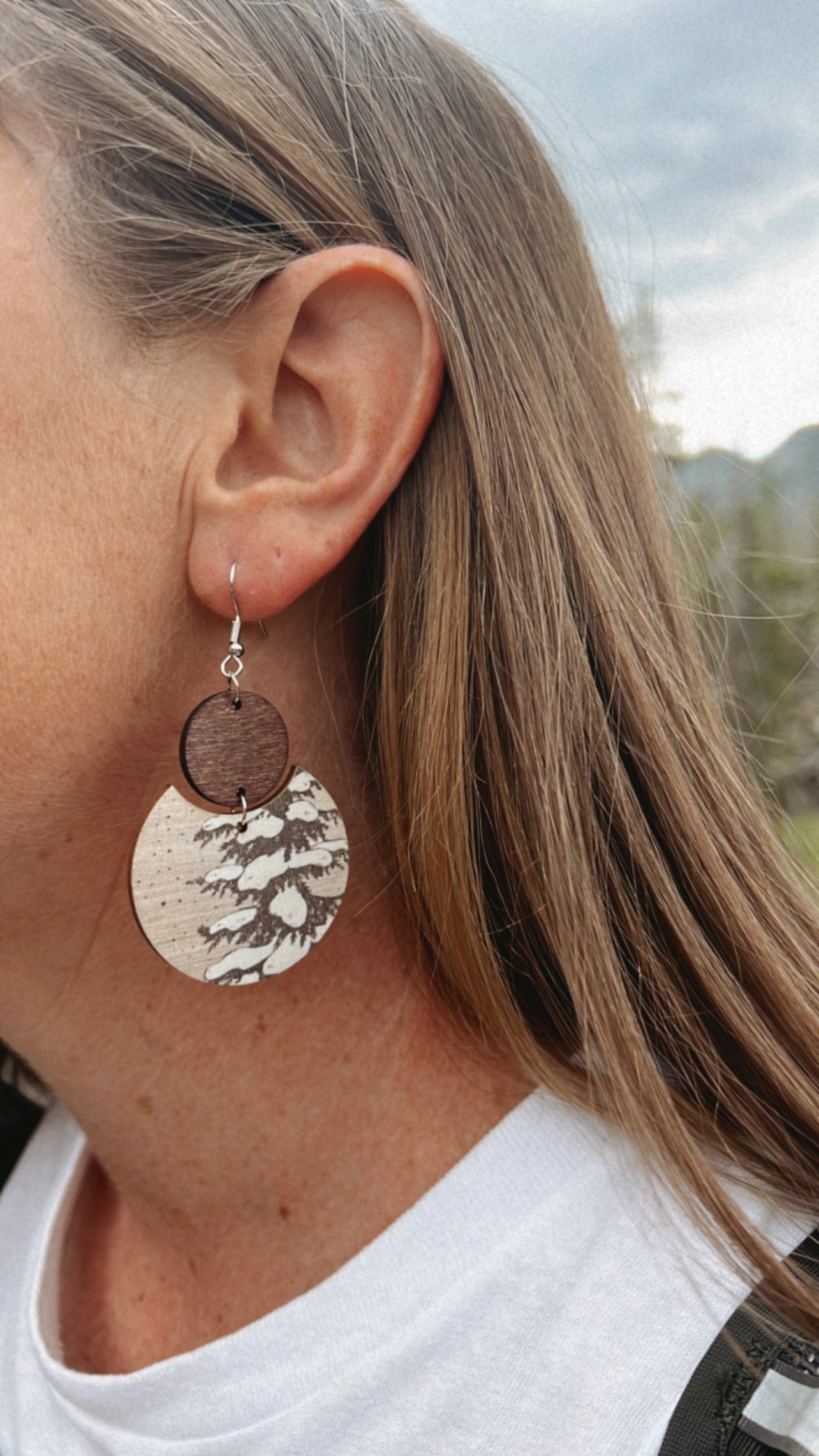 Wooden Snowy Trees Drop Earrings