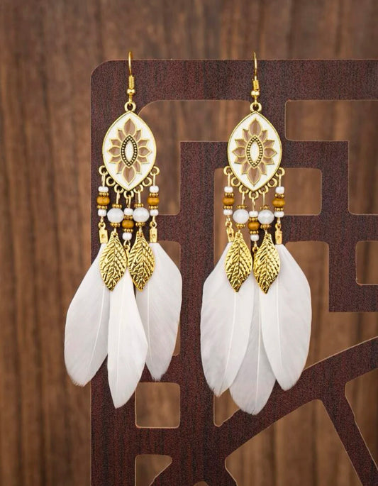 White Feather Tassel Earrings