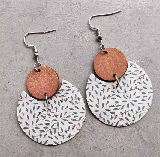 Round White and Blue Wood and Cork Earrings