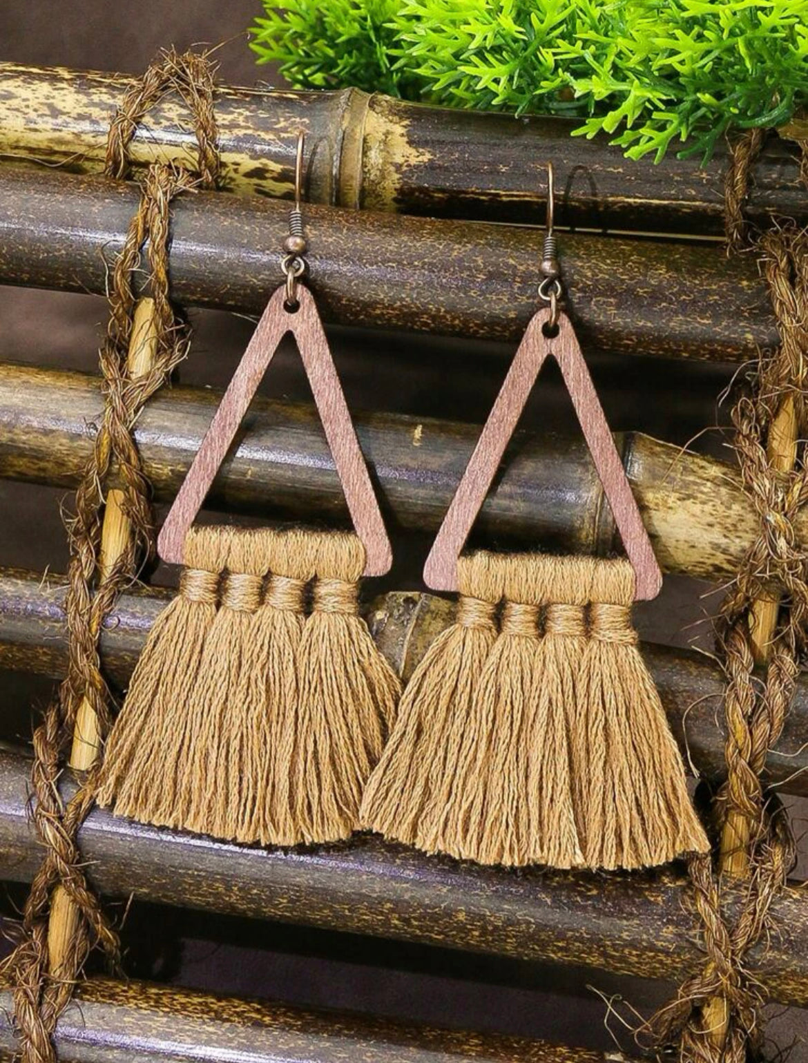 Wooden Triangle Tassel Earrings