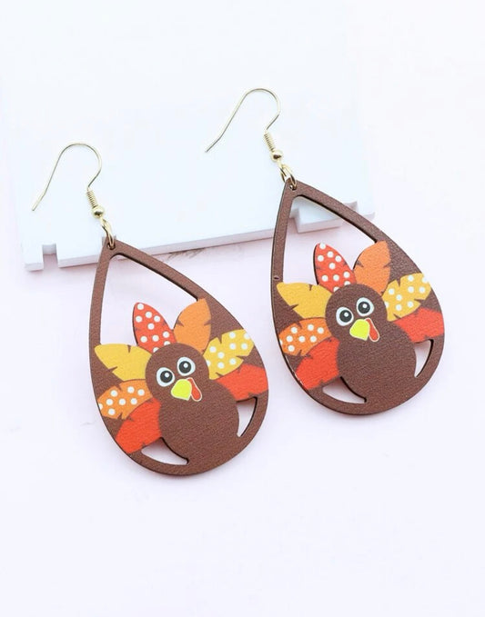 Wooden Turkey Drop Earrings