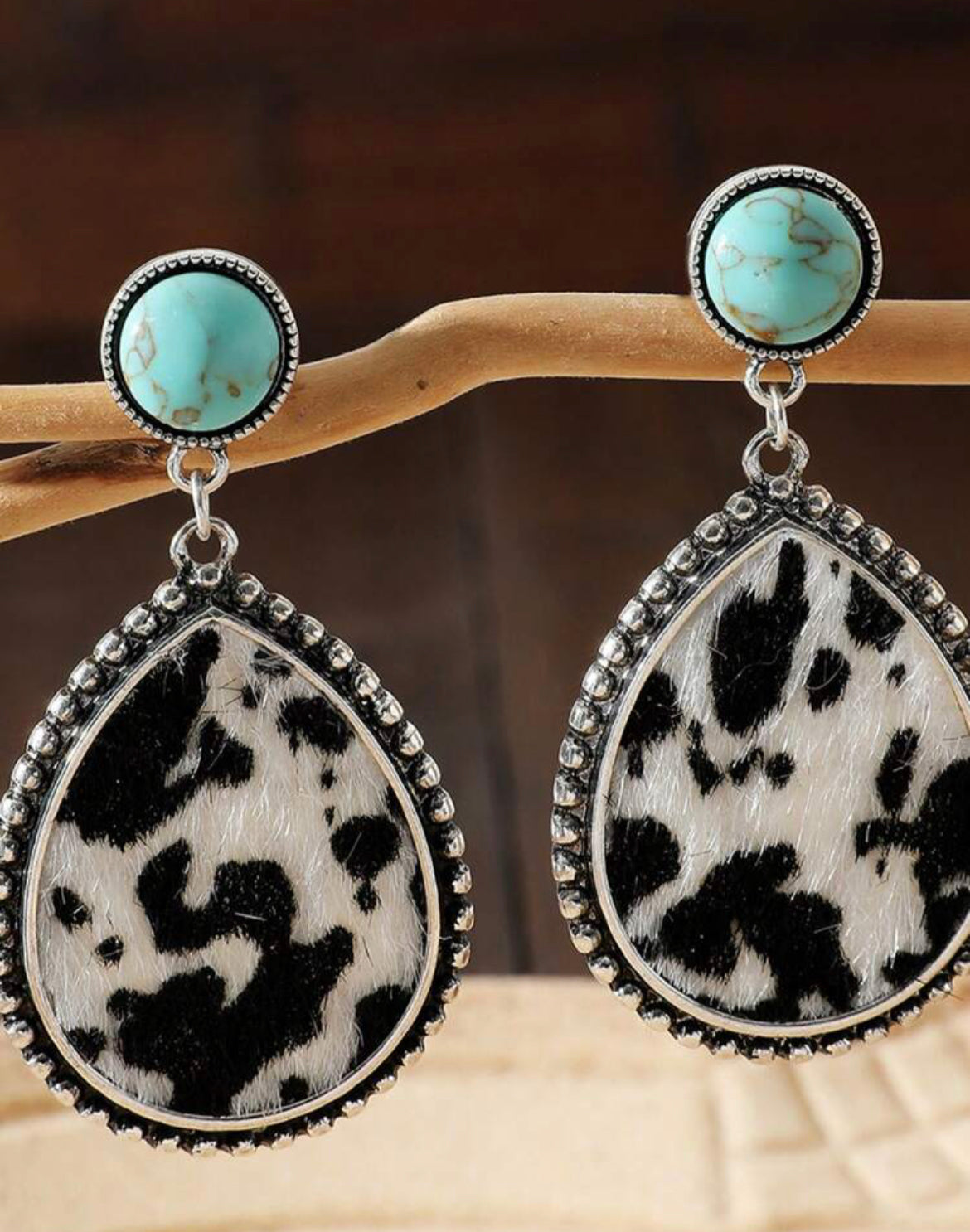 Beautiful Cow Print Waterdrop Earrings with Turquoise Stone Accent