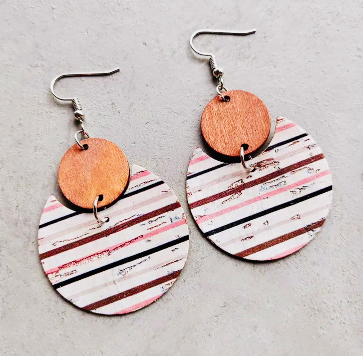 Pink Striped Wood and Cork Earrings