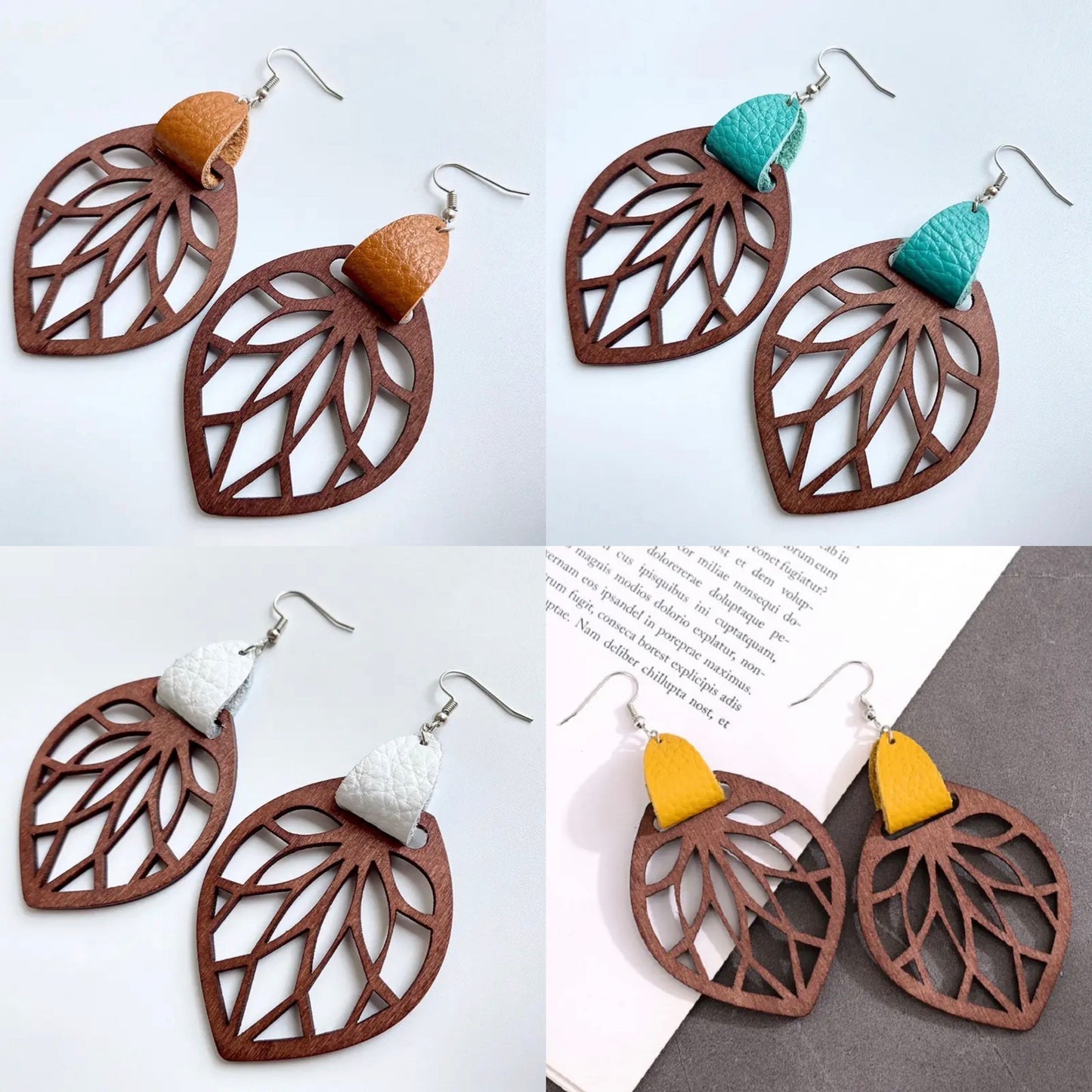 Genuine Leather Wrap Cutout Wood Leaf Drop Earrings