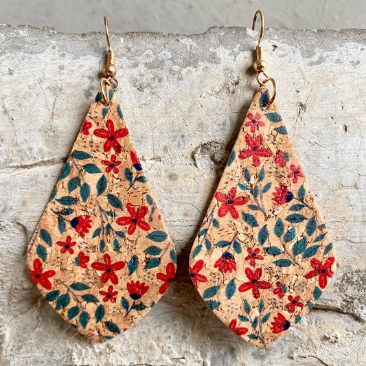 Flower Leaf Print Cork Tear Drop Earrings