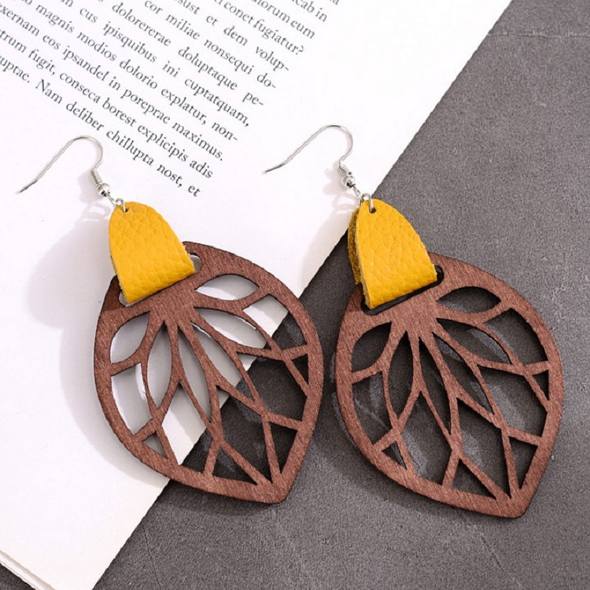 Genuine Leather Wrap Cutout Wood Leaf Drop Earrings