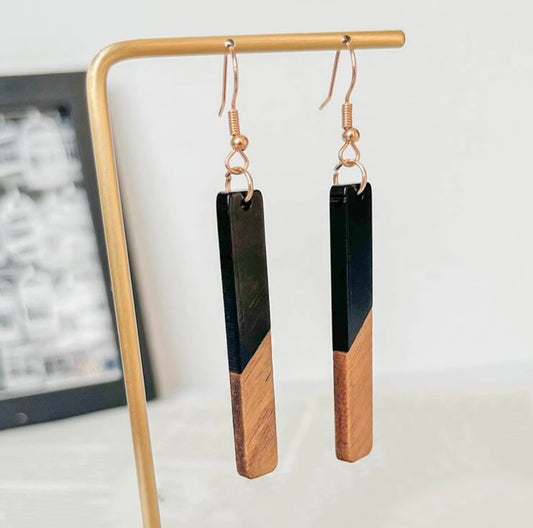 Beautiful Black Resin and Wooden Bar Earrings