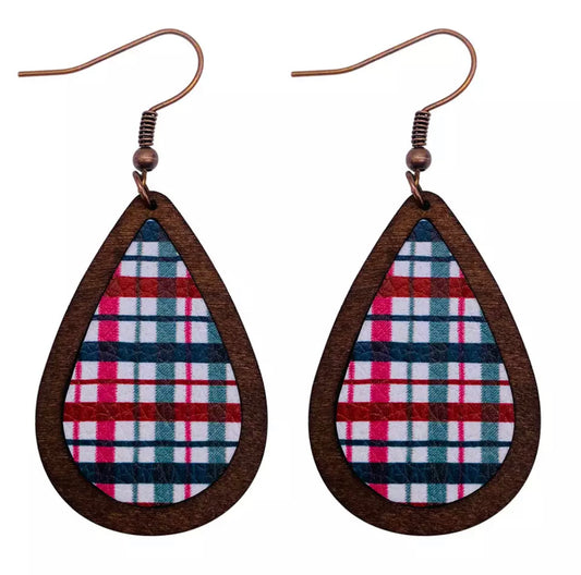 Beautiful Red and Green Plaid Striped Wooden Drop Earrings