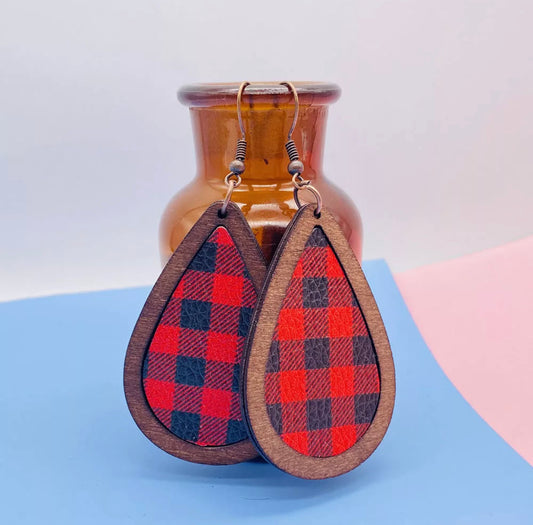 Red and Black Plaid Wooden Drop Earrings