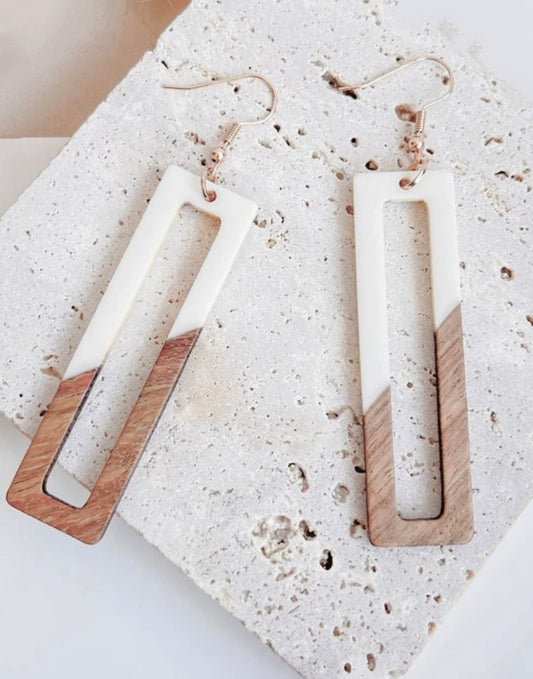 Beautiful White and Wood Rectangular Drop Earrings