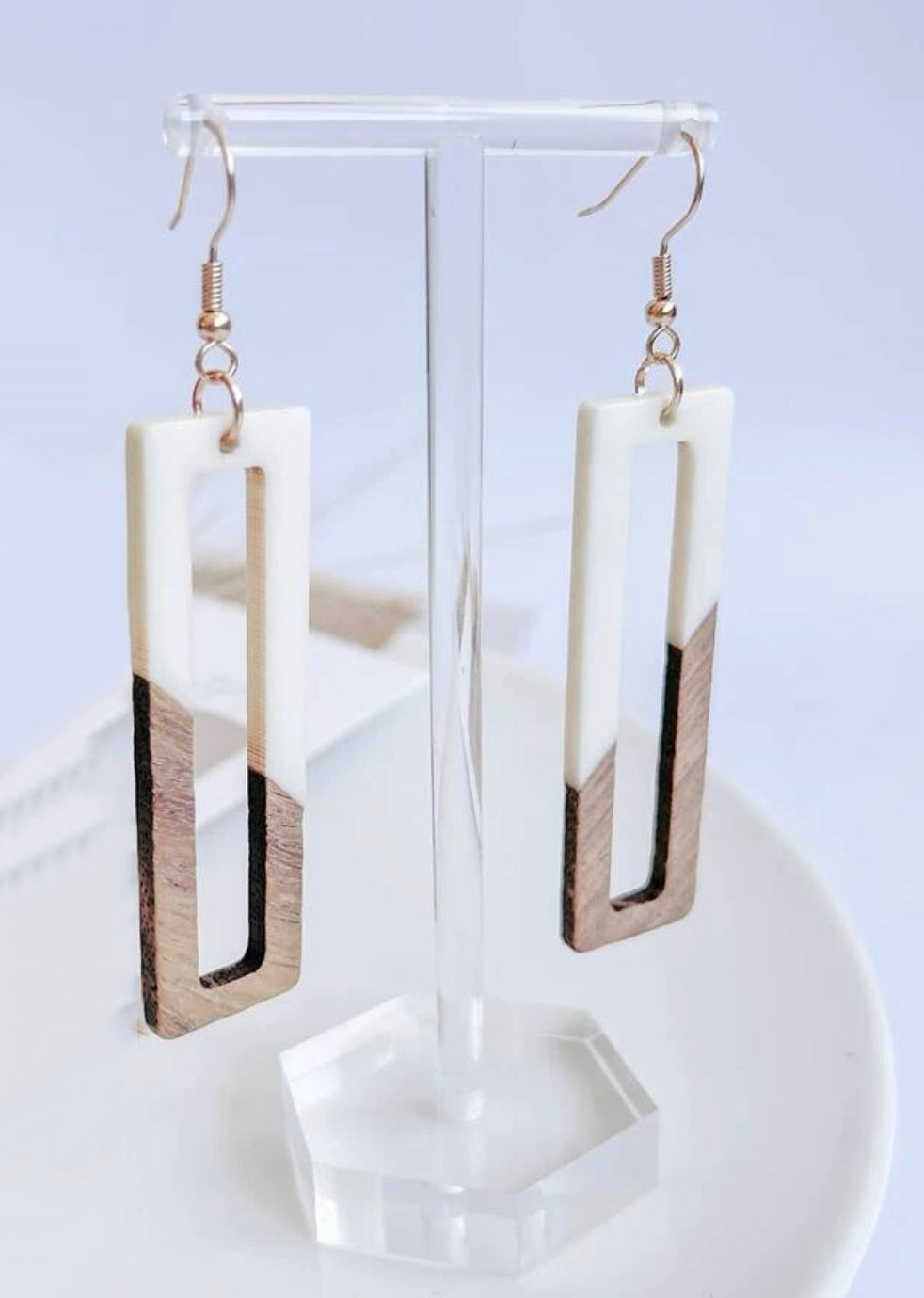 Beautiful White and Wood Rectangular Drop Earrings