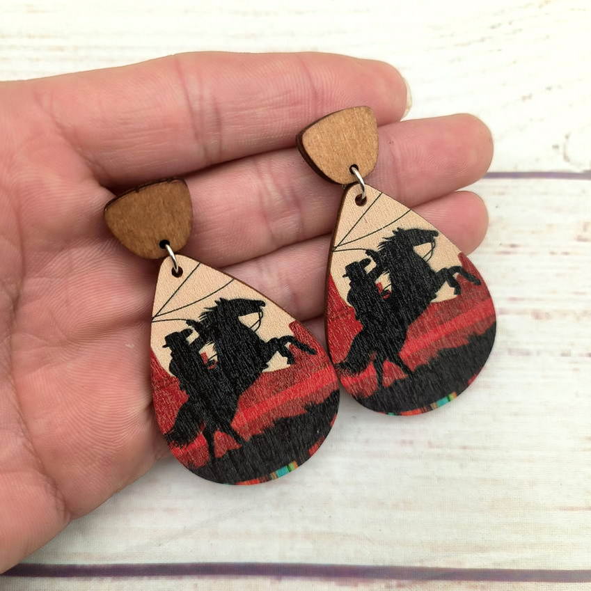 Western Rope Ride Horse Cowboy Teardrop Earrings