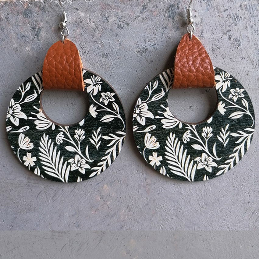 Leather Wrapped Black and White Floral Wooden Drop Earrings