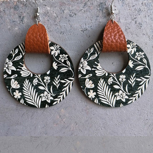 Leather Wrapped Black and White Floral Wooden Drop Earrings