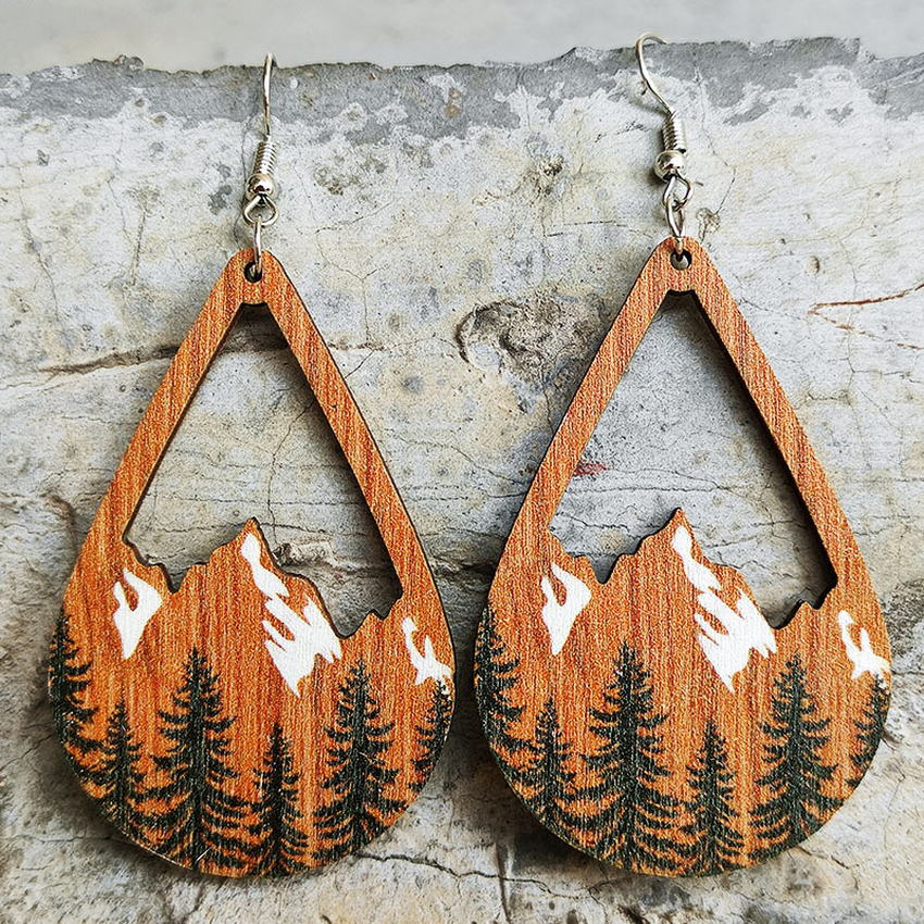 Snowy Mountain Forest Wooden Earrings