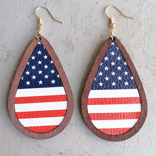 Beautiful Wooden American Flag Drop Earrings