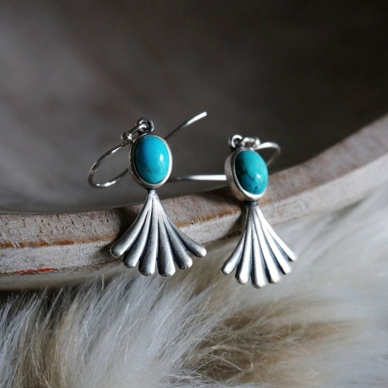 Unique Bohemian Silver and Turquoise Oval Bead Dangle Earrings