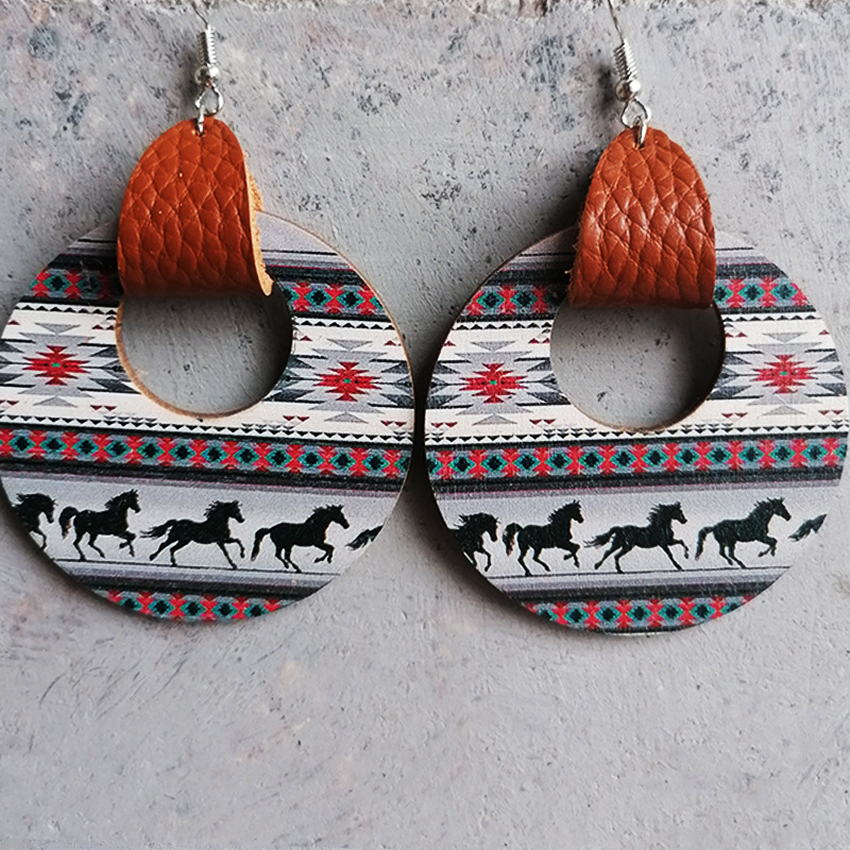 Genuine Leather Wrapped Western Style Wood Earrings