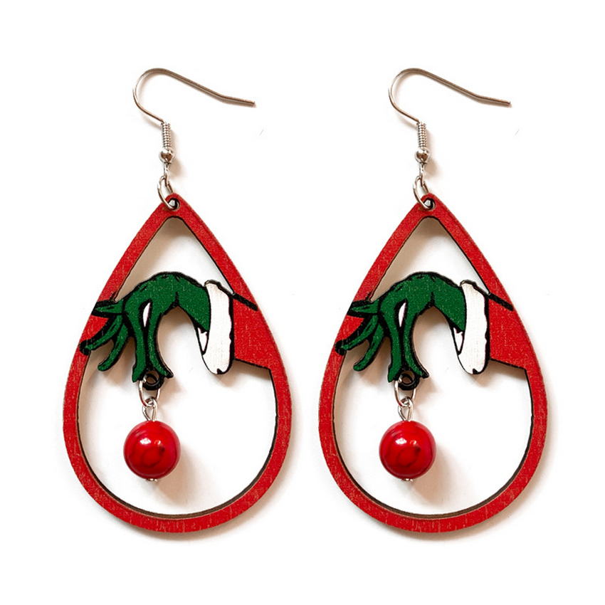 Wooden Green and Red Christmas Drop Earrings