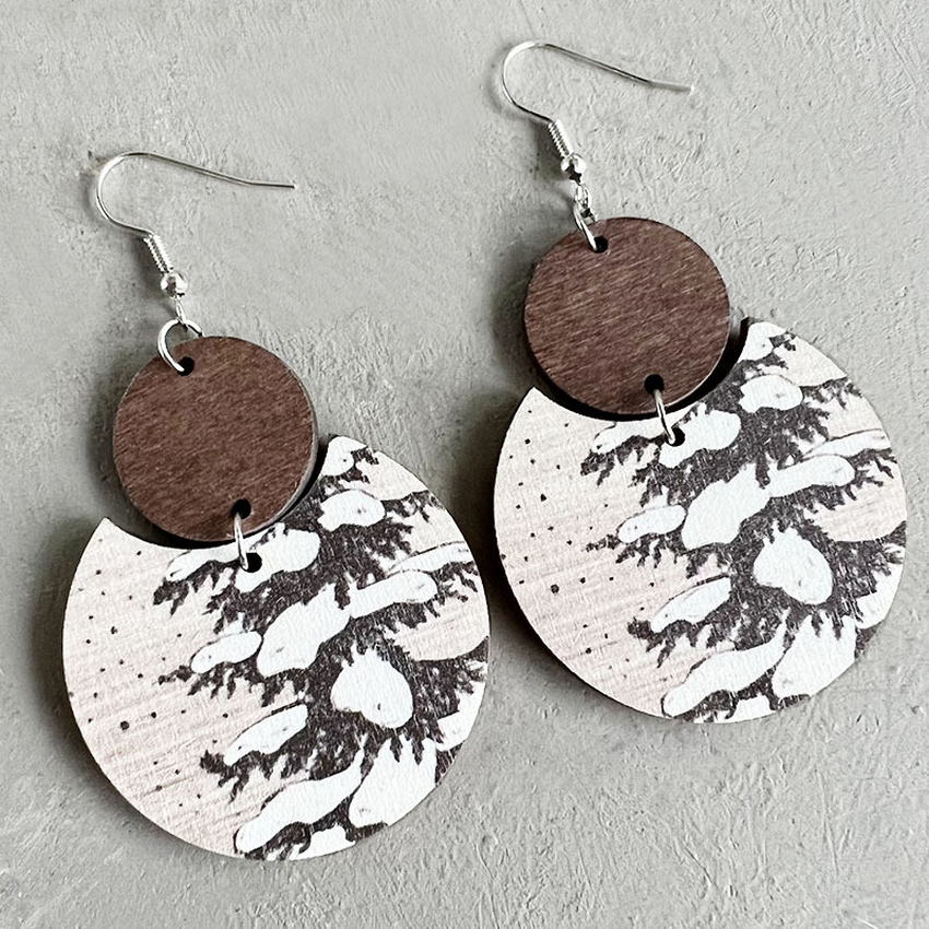 Wooden Snowy Trees Drop Earrings