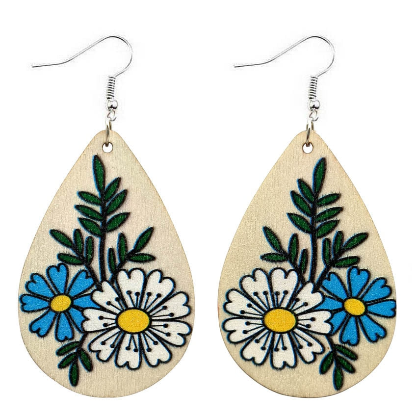 Beautiful Wooden Floral Daisy Bouquet Dangle Earrings