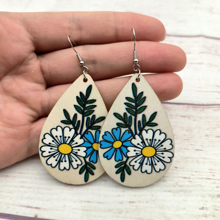 Beautiful Wooden Floral Daisy Bouquet Dangle Earrings